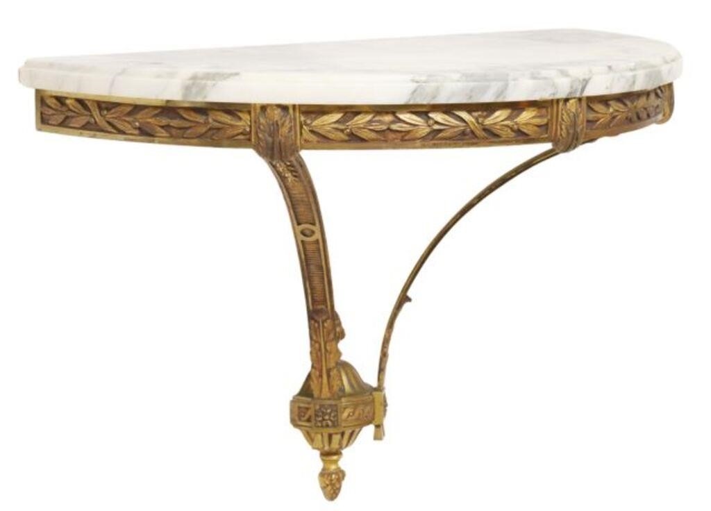 Appraisal: FRENCH MARBLE-TOP GILT METAL WALL BRACKET CONSOLEFrench gilt metal wall-mounted