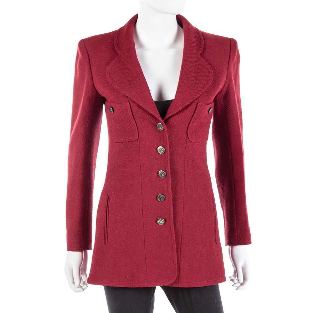 Appraisal: Chanel Boutique Burgundy Wool Jacket Autumn French size Condition Tears