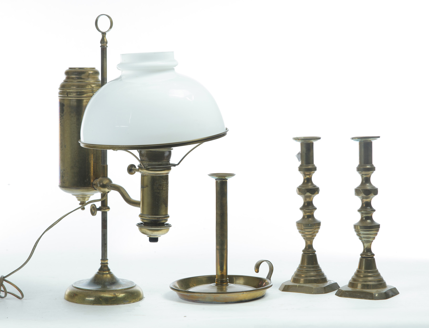 Appraisal: AMERICAN BRASS STUDENT LAMP AND THREE CANDLESTICKS Second half- th