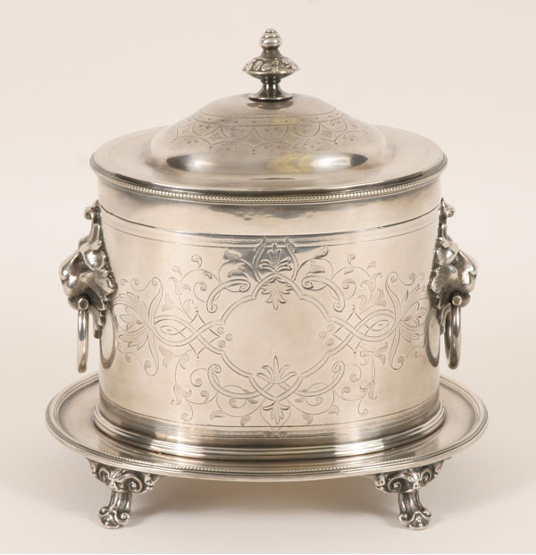 Appraisal: John Round Sheffield silverplate biscuit box with engraved foliate arabesques