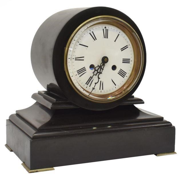 Appraisal: French mantel shelf clock late th c black stone drum