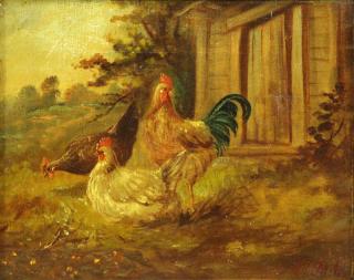 Appraisal: TAIT Arthur Oil on Canvas Roosters and Chicke in Barnyard