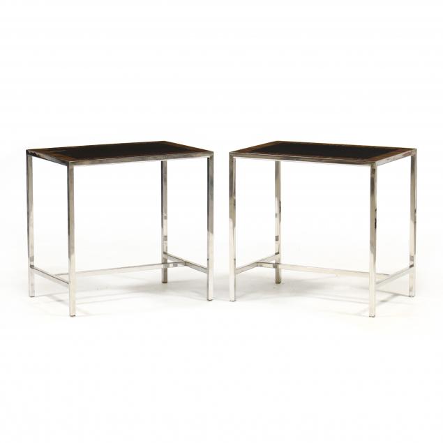 Appraisal: PAIR OF MODERN STEEL AND EXOTIC WOOD SIDE TABLES Contemporary