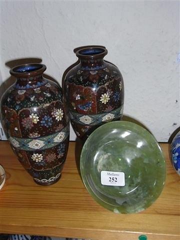 Appraisal: A JADE BOWL across and a pair of cloisonne vases