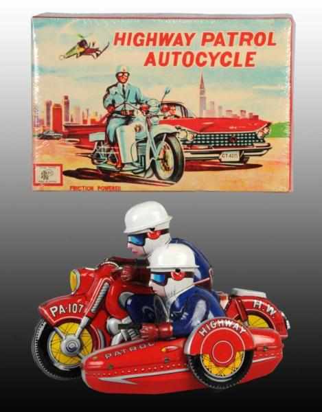 Appraisal: Tin Patrol Motorcycle with Sidecar Friction Toy Description Japanese Working