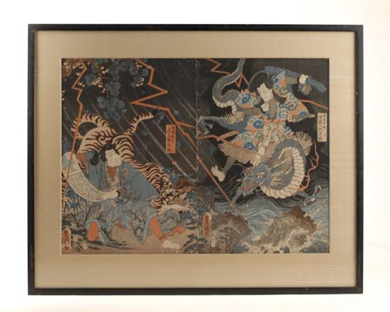 Appraisal: Unknown th C Japanese Dragon and Tiger Diptych a woodcut