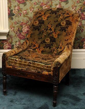 Appraisal: EASTLAKE INCISED WALNUT EASY CHAIR WITH PRINTED VELVET UPHOLSTERY The