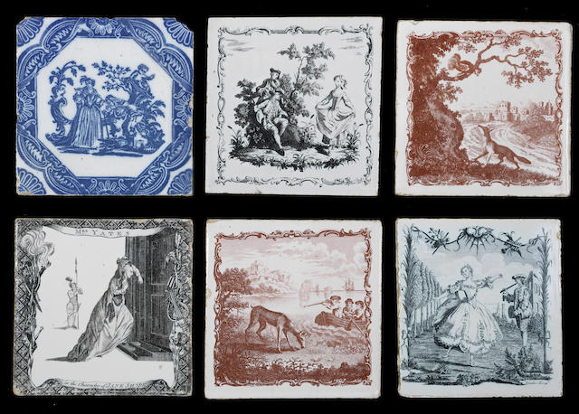 Appraisal: Six Liverpool printed delftware tiles circa - Comprising two fable