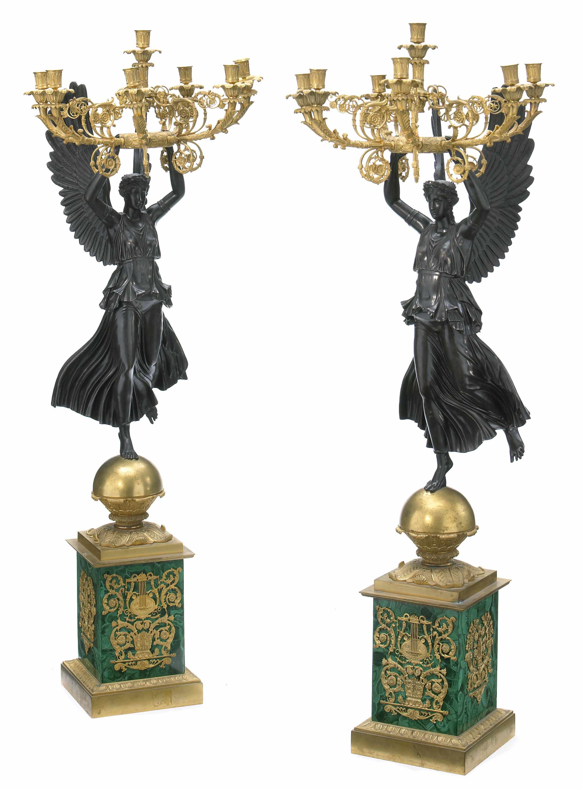 Appraisal: A pair of Empire style gilt and patinated bronze malachite