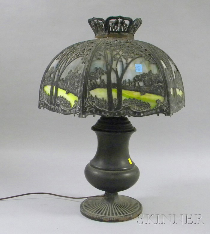 Appraisal: Patinated Metal Table Lamp with Hexagonal Metal Overlay and Slag