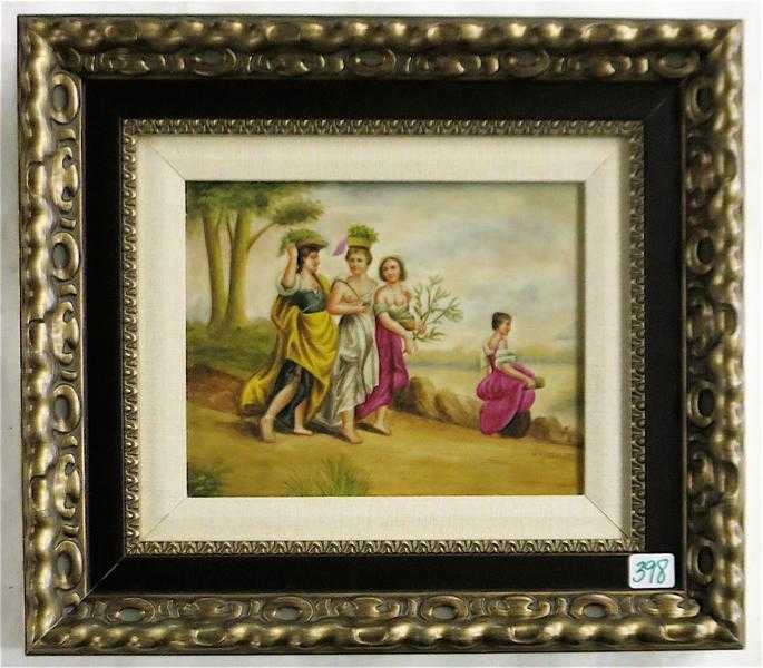 Appraisal: FRAMED OIL ON PORCELAIN PLAQUE featuring scantily clad women walking