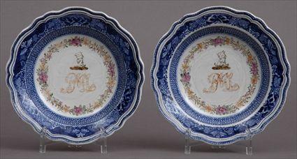 Appraisal: PAIR OF CHINESE EXPORT PORCELAIN MONOGRAMMED SOUP PLATES IN BLUE