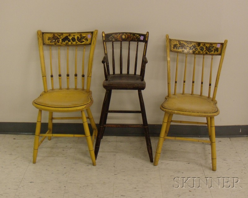 Appraisal: Two Windsor Yellow-painted and Stencil Decorated Thumb-back Side Chairs and