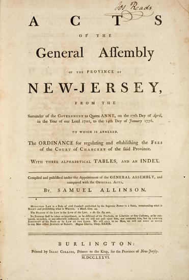 Appraisal: NEW JERSEY Acts of the General Assembly of the Province