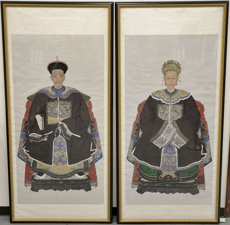 Appraisal: Pair of large framed ancestral portraits China Qing Dynasty th