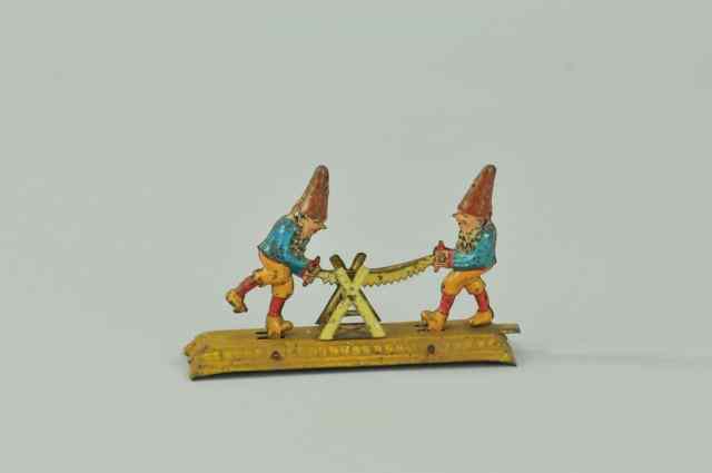 Appraisal: GNOMES SAWING WOOD PENNY TOY Meier Germany lithographed tin depicts