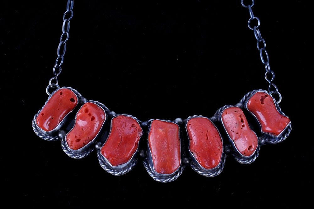 Appraisal: Navajo Sterling Coral Gemstone Necklace Signed For your consideration is