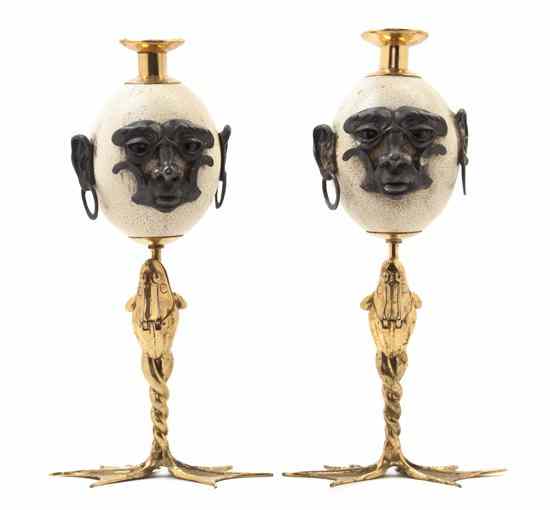 Appraisal: A Pair of Brass Fantasy Candlesticks Anthony Redmile each mounted