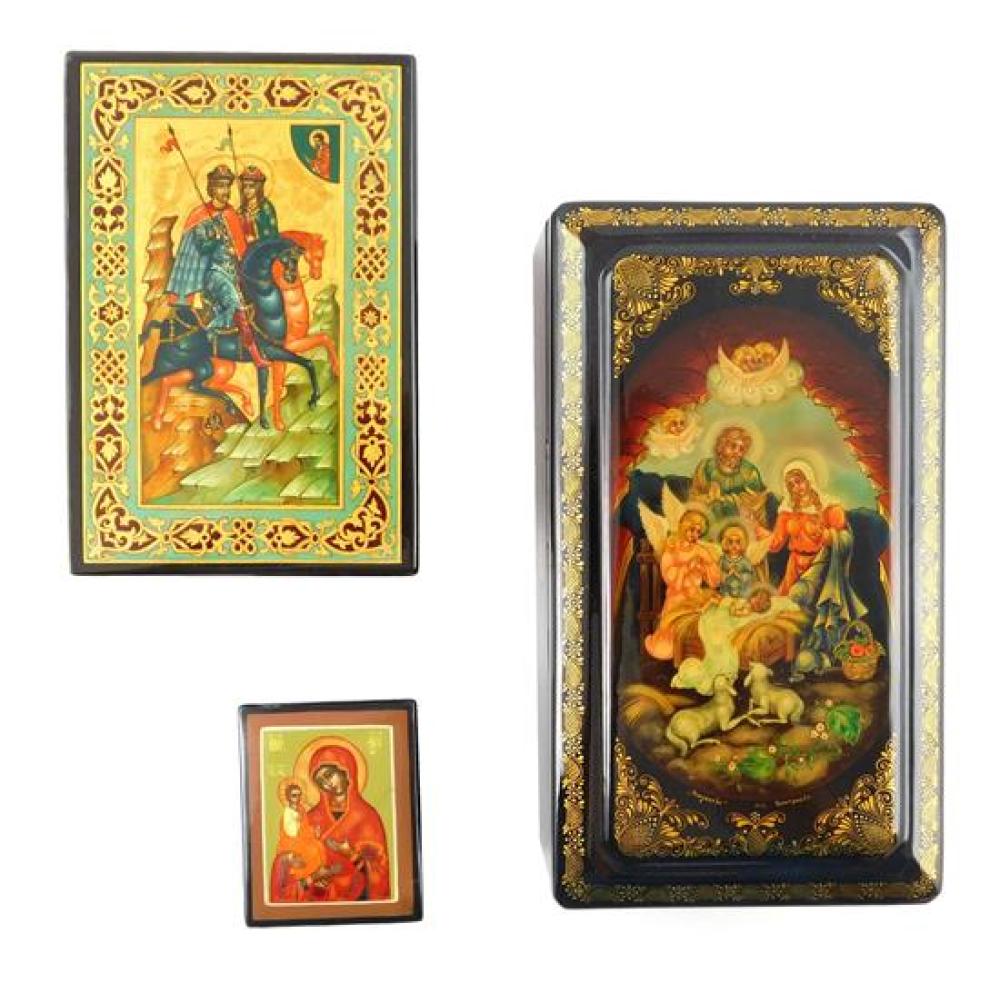 Appraisal: Russian hand-painted lacquer boxes three religious themed pieces details include