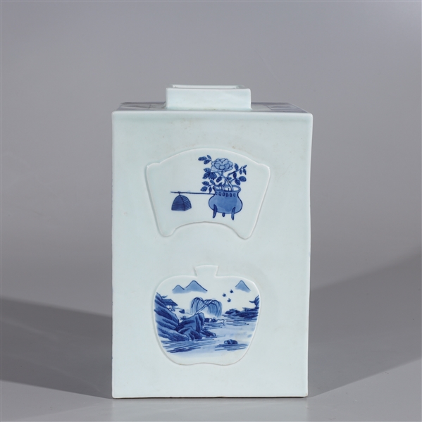 Appraisal: Chinese blue and white square form porcelain vase with landscapes