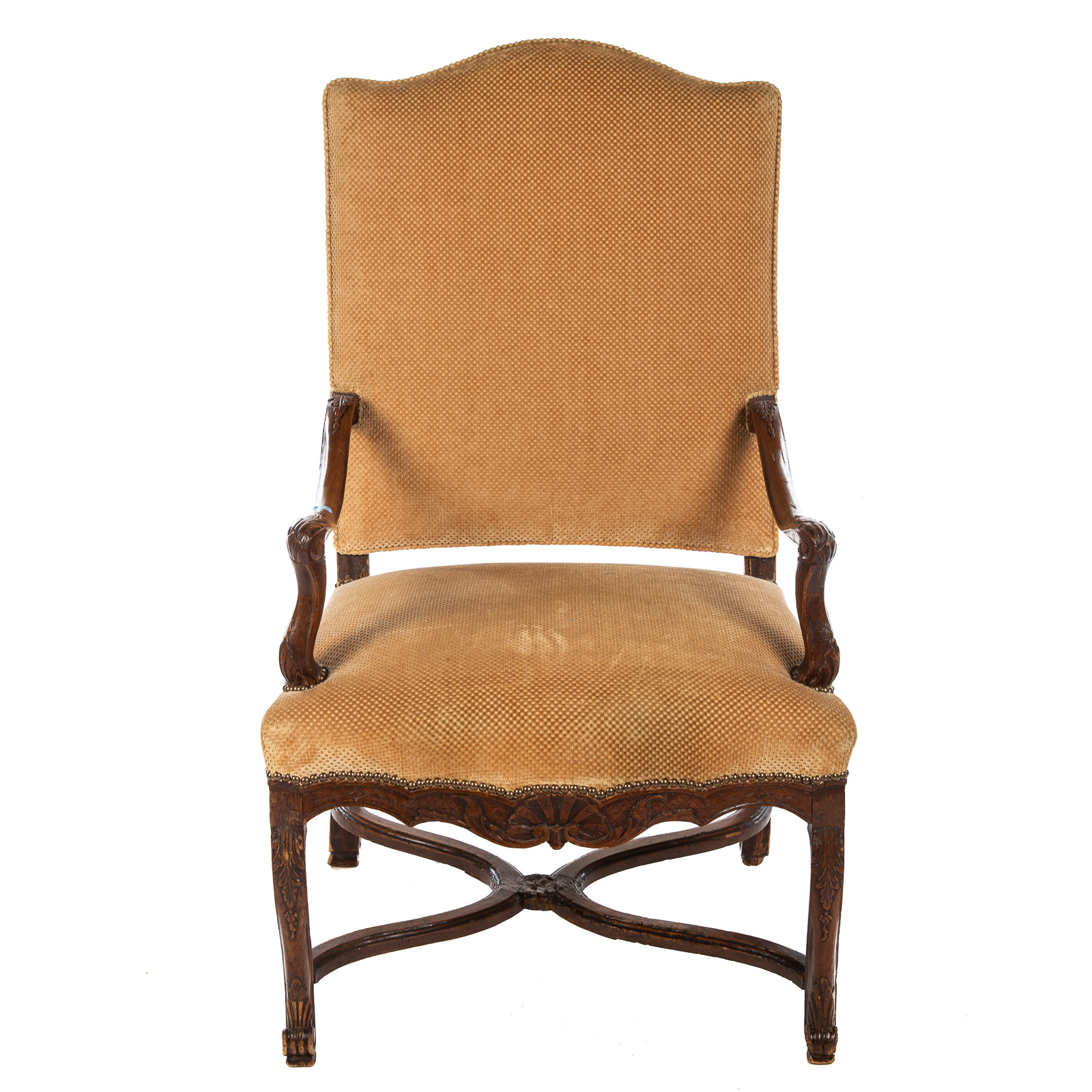 Appraisal: LOUIS XVI PROVENCAL WALNUT UPHOLSTERED ARM CHAIR Late th century