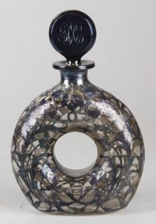 Appraisal: Victorian all-over sterling silver overlay ring form novelty decanter engraved