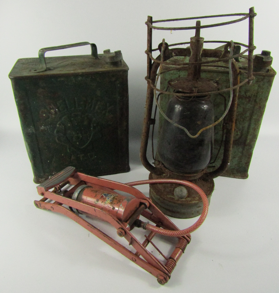 Appraisal: A pair of Shell petrol cans Halfords tyre pump and