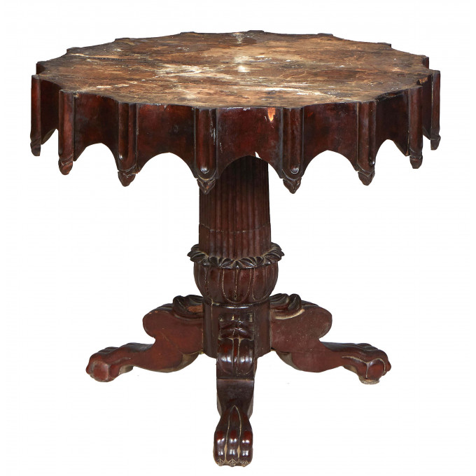 Appraisal: Unusual Gothic Scalloped Pine Center Table th c the gothic