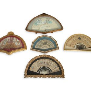 Appraisal: Five French Painted Fans in Giltwood Frames TH TH CENTURY