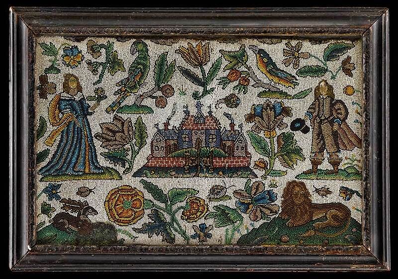 Appraisal: Charles II Beadwork Panel British late th century Cavalier and