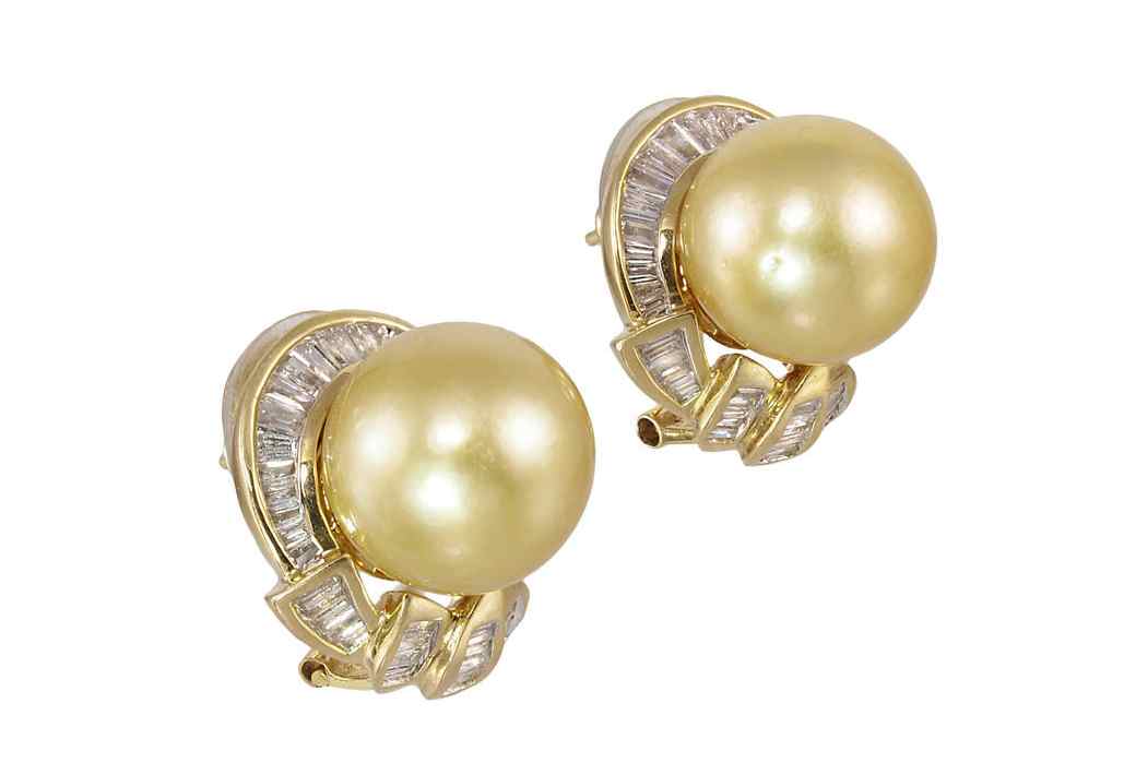 Appraisal: K SOUTH SEA GOLDEN PEARL AND DIAMOND EARRINGS K yellow