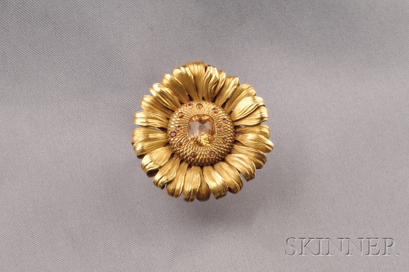 Appraisal: Antique kt Gold and Topaz Sunflower Pendant Brooch centering a