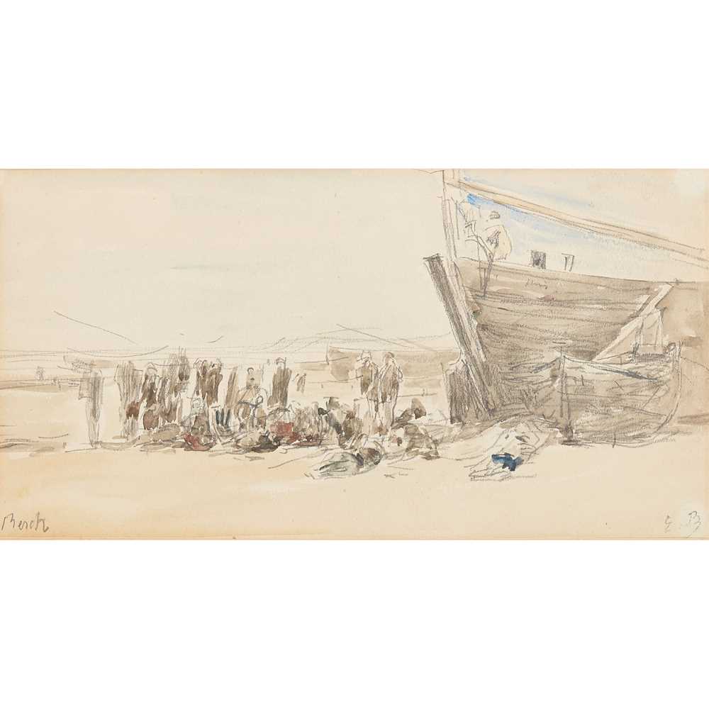 Appraisal: EUGENE BOUDIN FRENCH - FISHERMEN AND BOATS ON THE SHORE