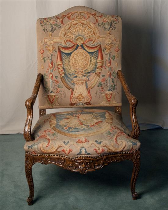 Appraisal: A L th E th C Fauteuil Euro-walnut tapestry back