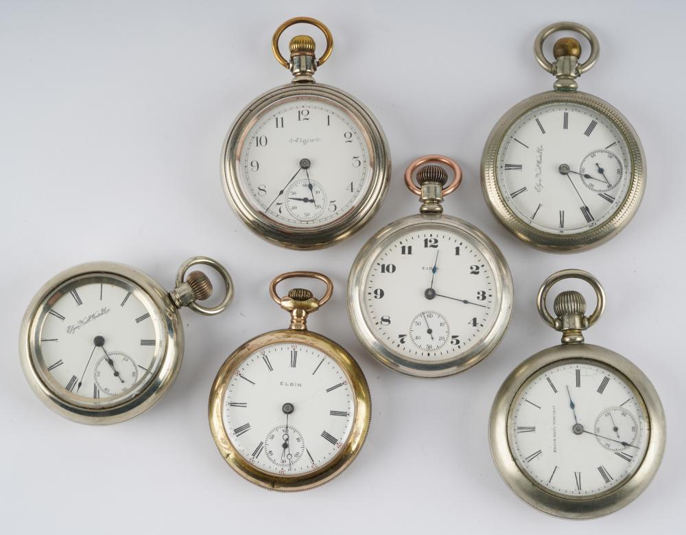 Appraisal: SIX ELGIN POCKET WATCHES S Keystone three piece silveroid watch