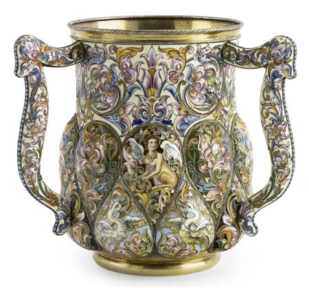 Appraisal: A Russian silver-gilt and shaded cloisonn enamel three handled loving-cup