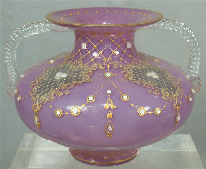 Appraisal: Continental opalescent jeweled and enameled vase with handles h c