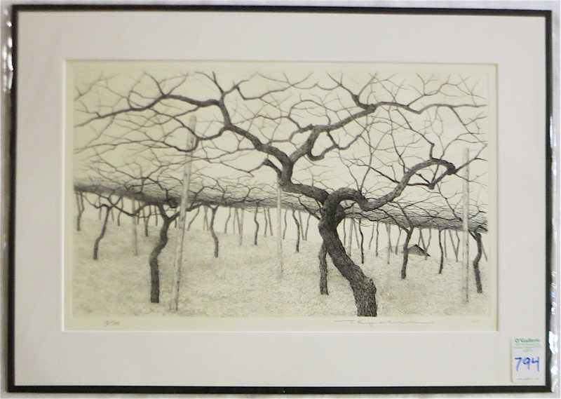 Appraisal: RYOHEI TANAKA ETCHING Japan born Orchard in winter Image measures