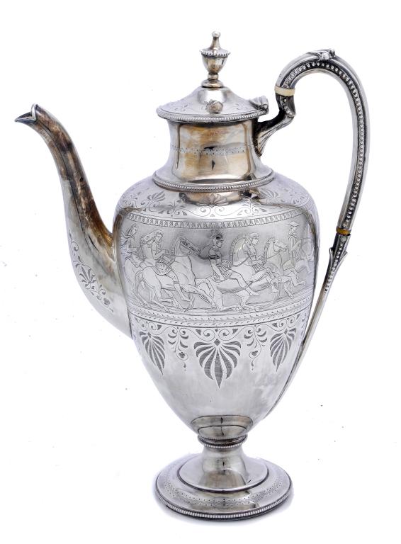 Appraisal: A VICTORIAN ETRUSCAN REVIVAL COFFEE POT of vase shape engraved