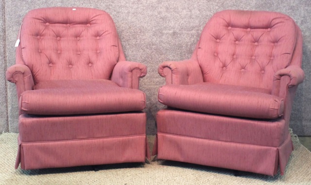 Appraisal: Pair Boudoir ChairsSwivel seats In mauve antique satin with loose