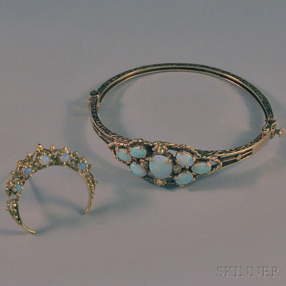 Appraisal: Two kt Gold and Opal Jewelry Items a crescent brooch