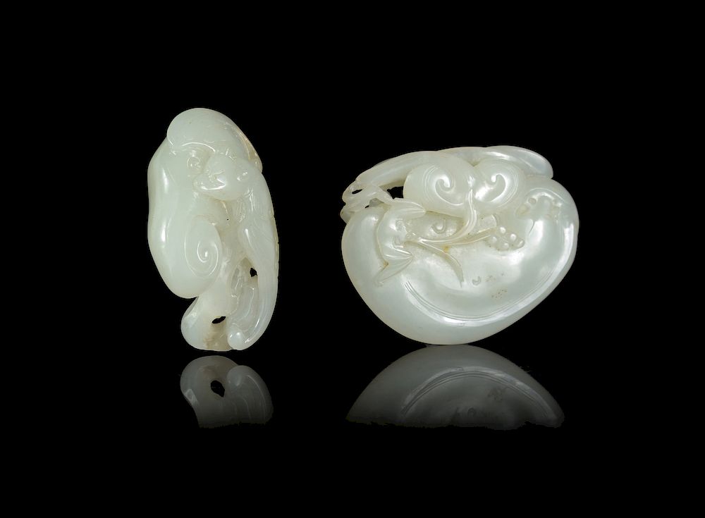 Appraisal: Two Pale Celadon Jade 'Lingzhi' Groups Widest in cm Two