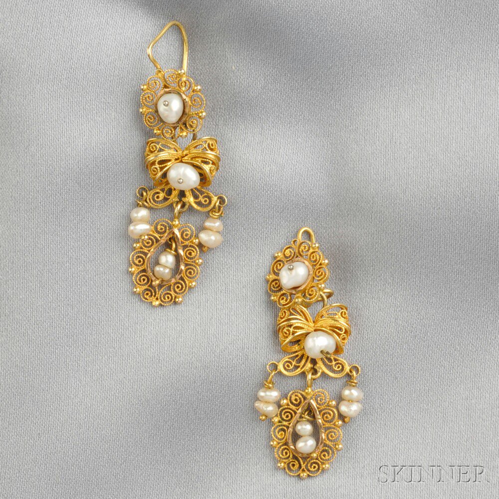 Appraisal: Antique Gold and Pearl Earpendants of scrolling wire bow motifs