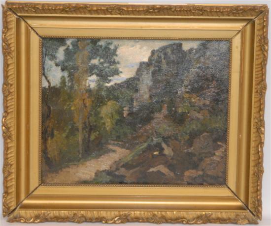 Appraisal: OIL ON CANVAS LANDSCAPE Rocky terrain with trees Signed illegibly