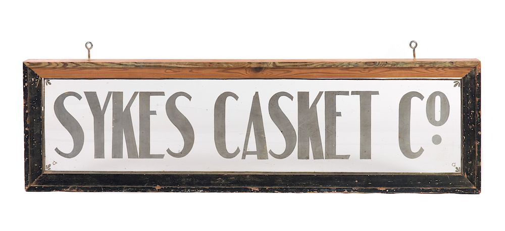 Appraisal: Sykes Casket Co Glass Advertising Sign Measures tall wide Good