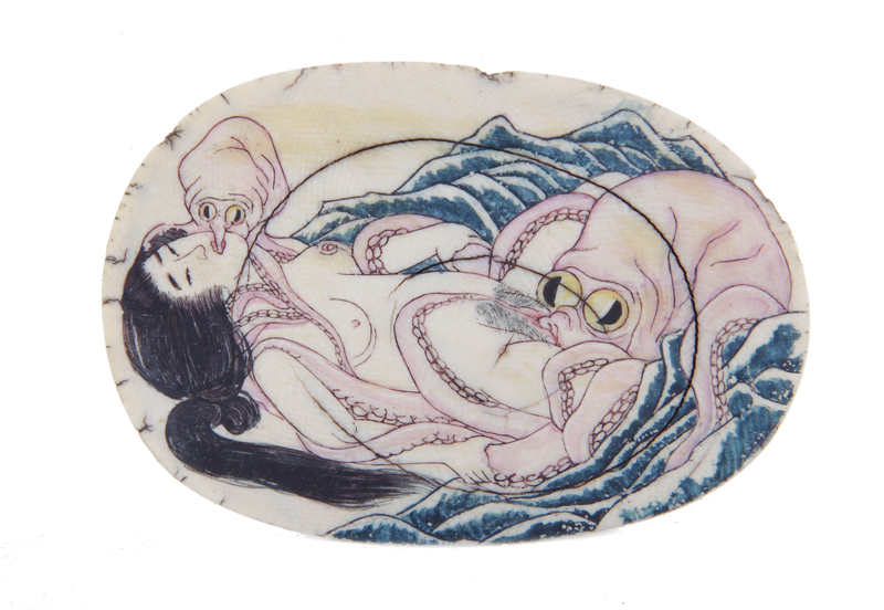 Appraisal: Japanese stain-decorated erotic oval panel Meiji period octopus taking maiden