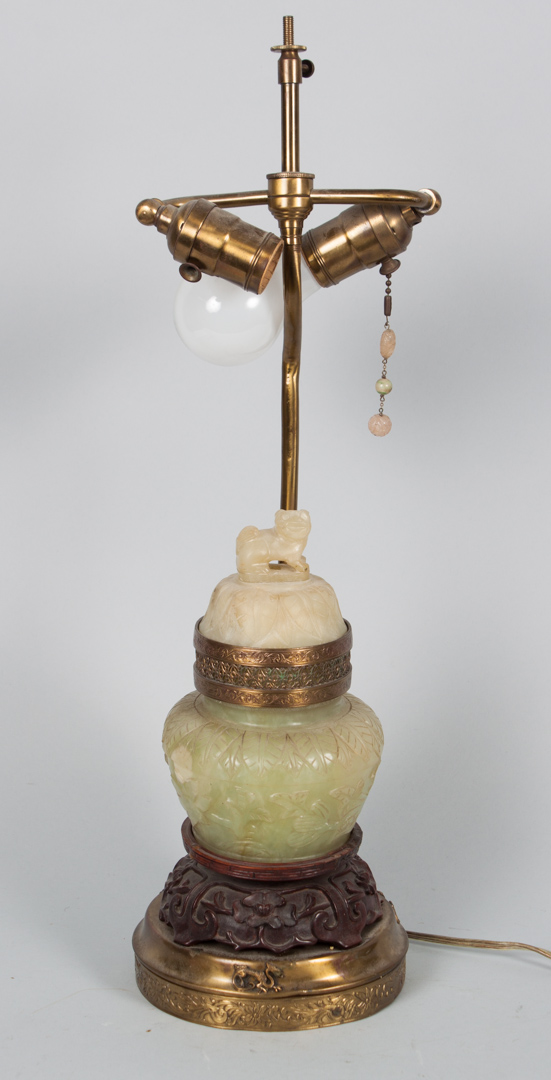 Appraisal: Chinese carved jade censer mounted as a lamp gilt-metal-mounted vase-form