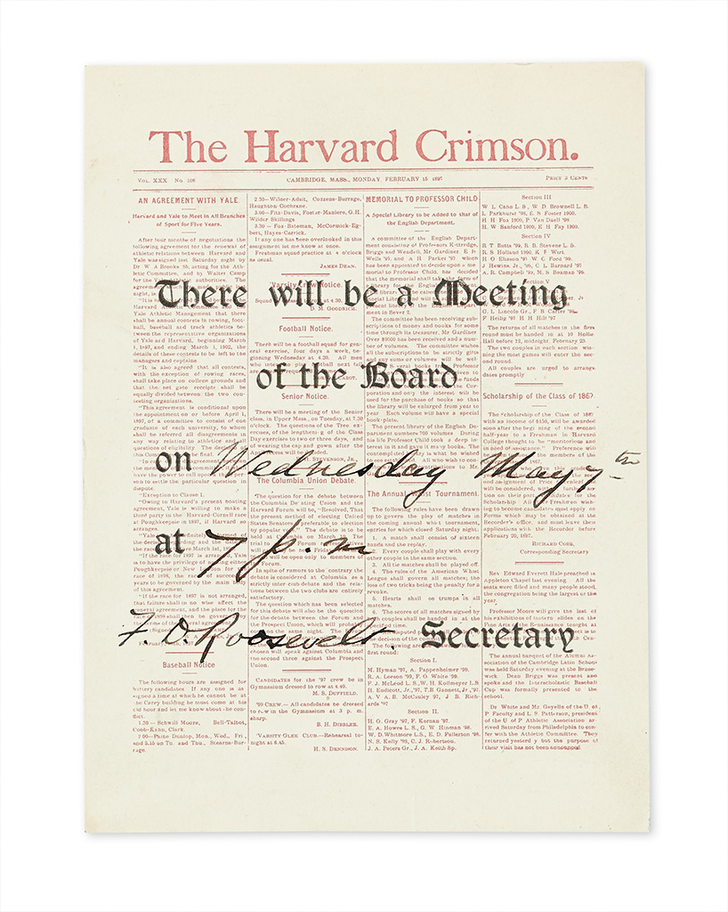 Appraisal: SECRETARY OF THE HARVARD CRIMSON ROOSEVELT FRANKLIN D Partly-printed postcard