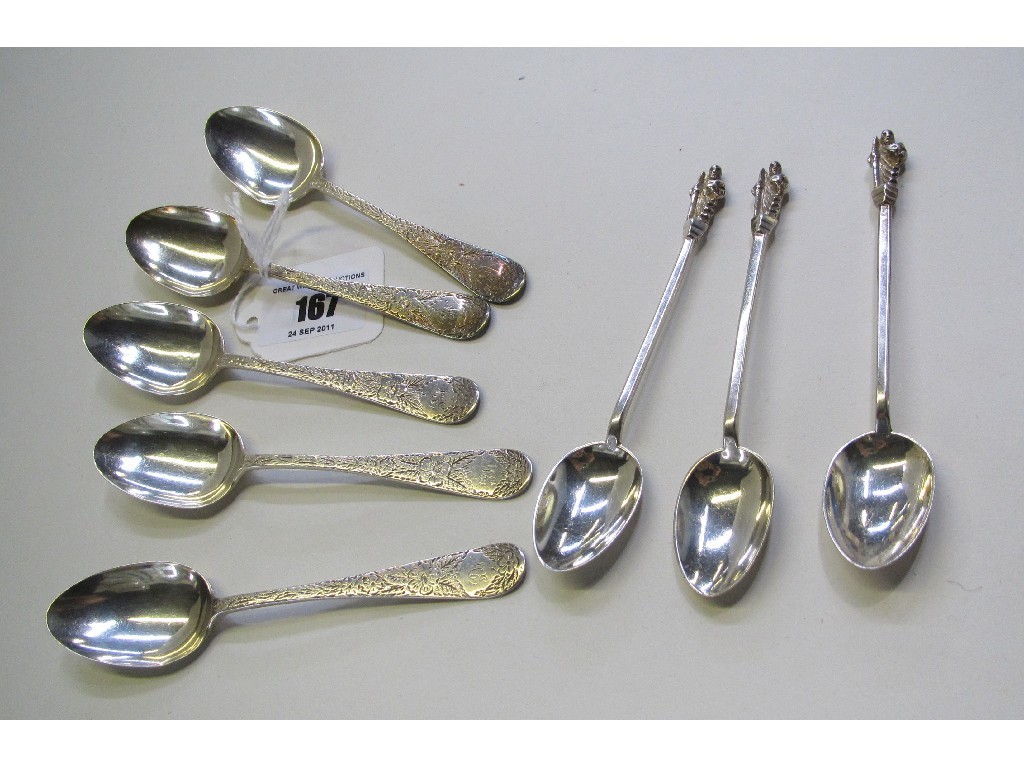 Appraisal: Lot comprising five silver spoons and three silver apostle spoons