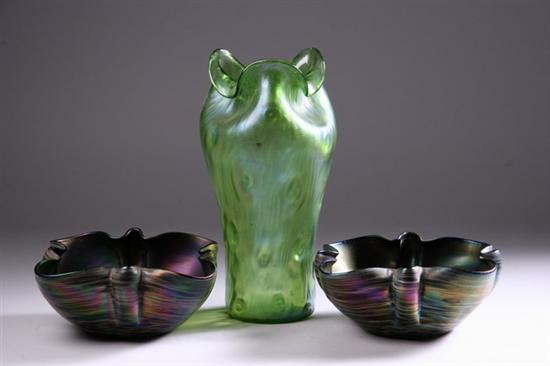 Appraisal: THREE PIECES IRIDESCENT ART GLASS Early to mid- th century